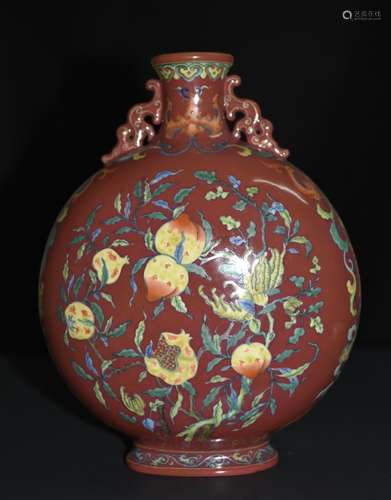 A WUCAI COCCINELLIN RED GROUND MOONFLASK VASE