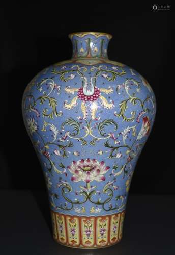 A FAMILLE ROSE BLUE GROUND MEI VASE