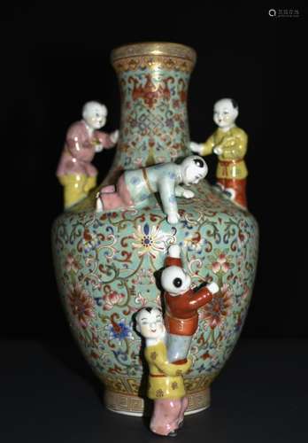 A FAMILLE ROSE GREEN GROUND VASE