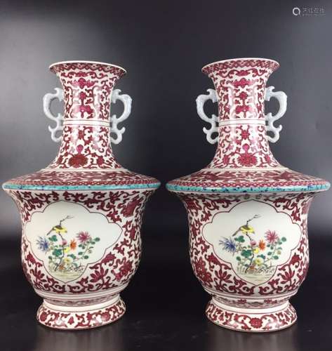 QIANLONG MARK, A PAIR OF COPPER RED VASES