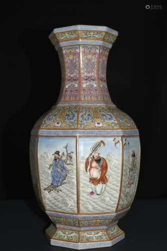 A FAMILLE ROSE OCTAGONAL VASE