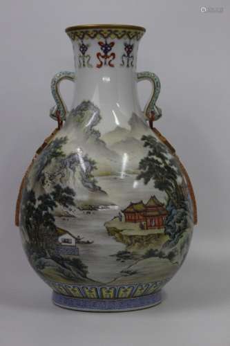 QIANLONG MARK, A FAMILLE ROSE VASE WITH RUYI HANDLES