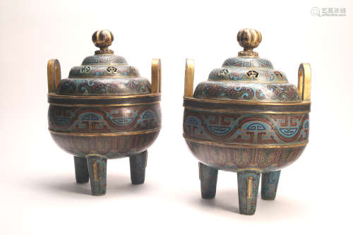 Pair Chinese cloisonne incense burner, Qianlong mark.
