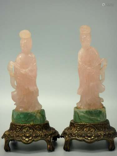 Pair Chinese carved rose quartz Guanyin