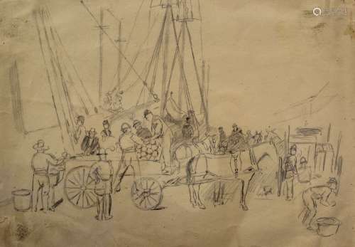 Harbor market. Pencil painting on paper, unknown