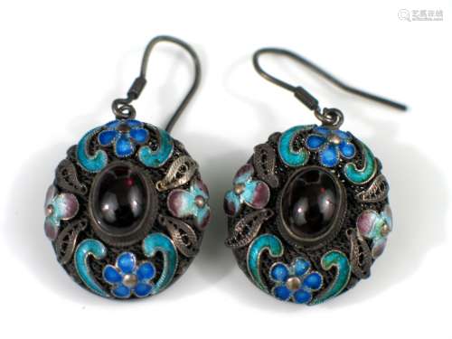 Pair Chinese enameled silver earrings
