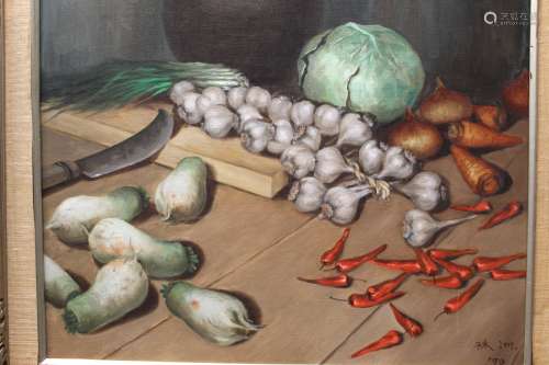 Still life, oil on canvas, by Lin Zhou. Dated 1979.