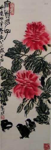 Chinese water color & ink painting of flower on paper,