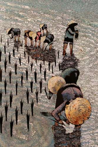 Lacquered panel of Chinese women planting crops.