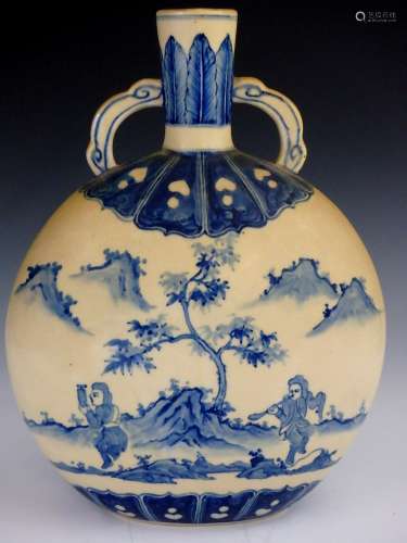 Chinese blue and white moon flask porcelain vase.