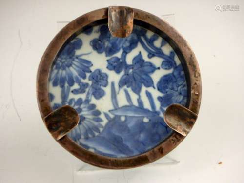 Chinese silver mounted blue & white porcelain ash dish