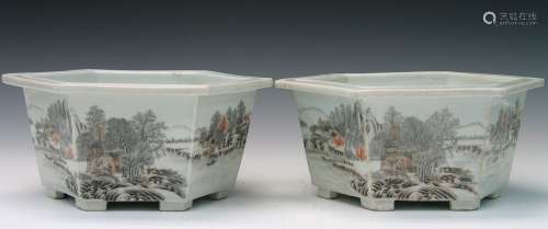 Pair Chinese grisaille porcelain planters, Hongxian