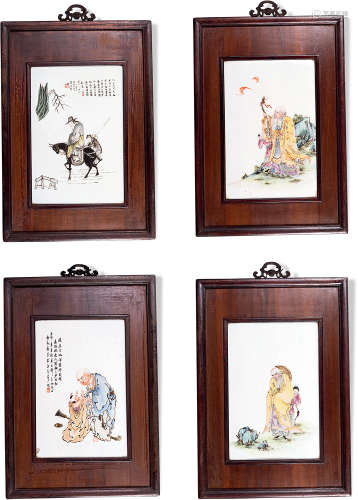 民國 瓷板四件 （佚名 原裝框）注：踏雪尋梅、引福貴堂、童子報喜、點石成金