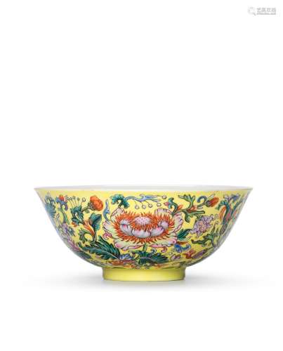 An exceptionally rare Imperial famille rose yellow-ground 'floral' bowl