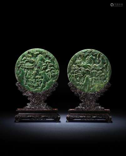 A fine pair of Imperial spinach-green jade double-carved circular table screens
