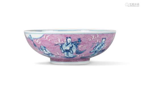 A fine puce-enamelled blue and white 'Eight Immortals' bowl