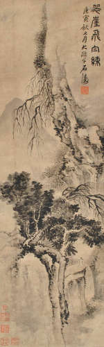 1642-1708 石涛翠崖飞白练水墨纸本立轴