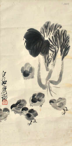 1864-1957 齐白石白菜邹鸡图水墨纸本立轴