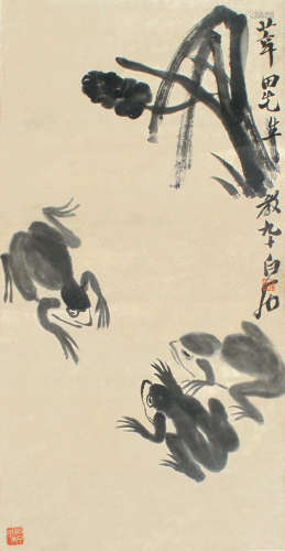 1864-1957 齐白石蛙趣图水墨纸本立轴