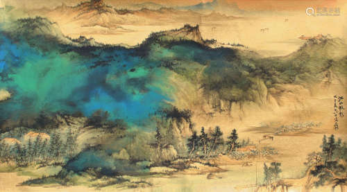 1899-1983 张大千江山帆影设色泥金镜片