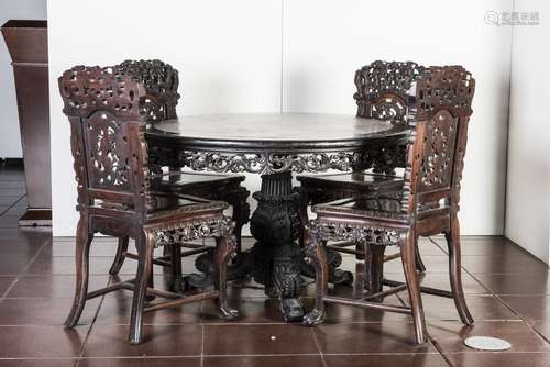 CHINESE ROUGE MARBLE-INSET TABLE AND FOUR CHAIRS