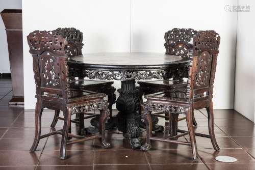 CHINESE ROUGE MARBLE-INSET TABLE AND FOUR CHAIRS