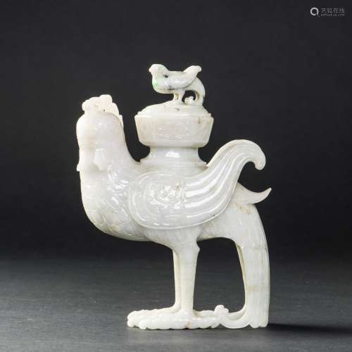 A JADEITE MYTHIC COCK SHAPED VASE WITH COVER
