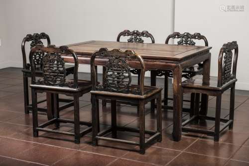 A SET OF SIX HONGMU CHAIRS AND A LONG TABLE