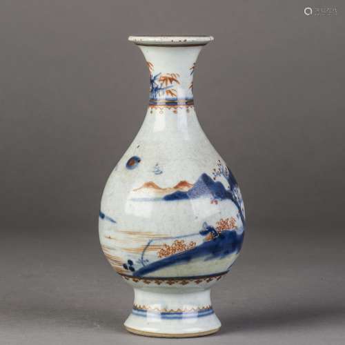 A BLUE AND WHITE AND FAMILLE ROSE LANDSCAPE VASE
