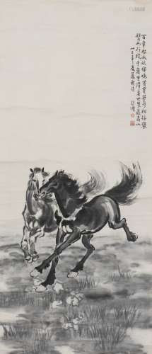 A HANGING SCROLL PAINTING OF HORSES