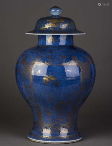 A CHINESE BLUE-GROUND GILT-DECORATED VASE AND COVER