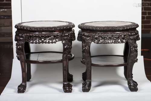 A PAIR OF MARBLE-INSET HONGMU STAND