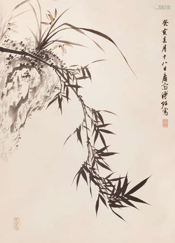 溥佐（1918-2001） 竹石图 设色纸本 镜框