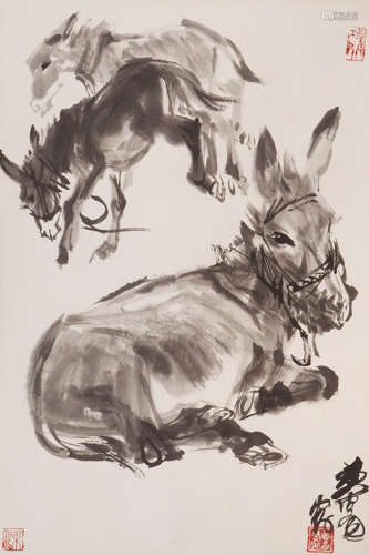 黄胄（1925-1997） 三驴图 设色纸本 立轴