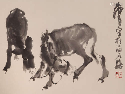 黄胄（1925-1997） 双驴 设色纸本 镜心