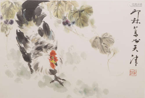 萧朗（1917-2010） 鸡 设色纸本 镜框