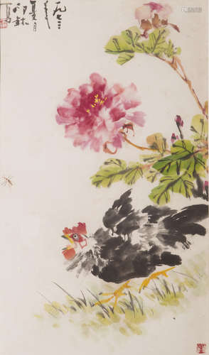 萧朗（1917-2010） 鸡 设色纸本 镜心