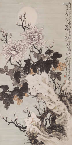 曹鸿年(1879-1956) 月夜牡丹 设色纸本 立轴