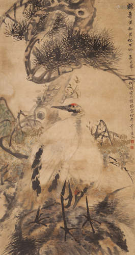 何煜(1877-1922) 松鹤中堂 设色纸本 立轴