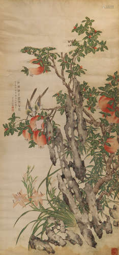 屈兆麟（1866-1937） 多子多福 设色绢本 立轴
