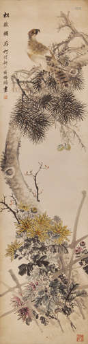 何研北 (1852-1928) 松菊犹存 设色纸本 立轴