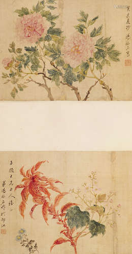 汤禄铭（1804-1874） 花卉双挖 设色绢本 立轴