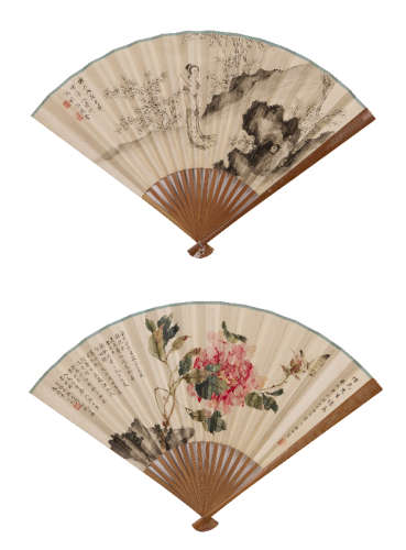 溥伒（1893-1966）徐洪 人物. 花卉 设色纸本 成扇