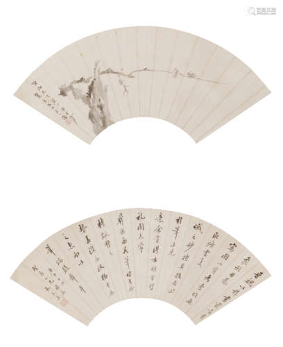 朱益藩（1861-1937）|汤涤（1878-1948） 书 . 画 设色纸本扇片双挖
