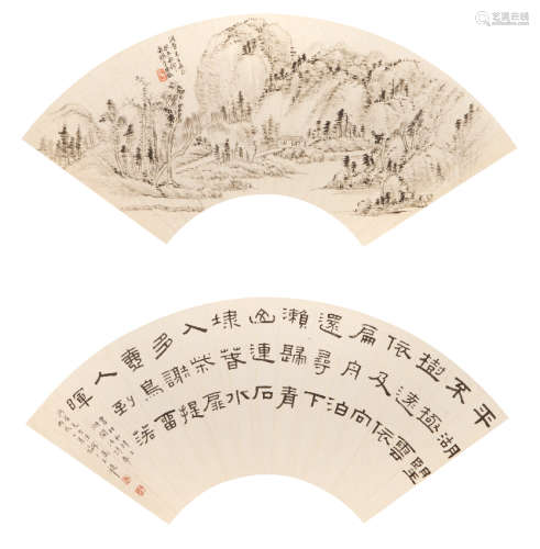 吴待秋（1878-1949）|王禔 山水书法二帧 设色纸本 扇片