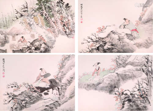 刘皓(b.1959) 山水人物十二帧 设色纸本 镜心