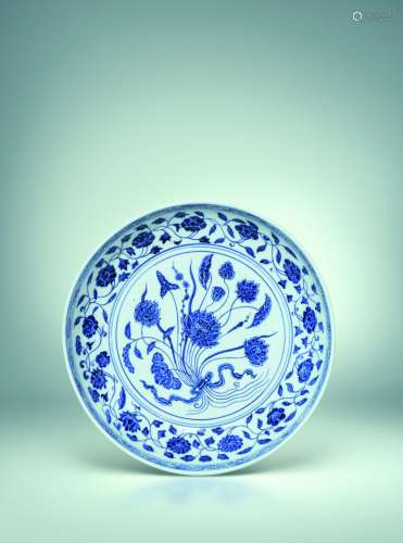 A BLUE-WHITE LOTUS DISHPeriod of Yongle, Ming Dynasty