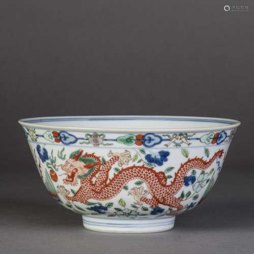 A BLUE AND WHITE  WUCAI DRAGON AND PHOENIX PORCELAIN BOWL, QING DAOGUANG PERIOD