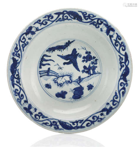 A BLUE AND WHITE HARE AND EAGLE PORCELAIN PLATE, China, marked fugui jiaqi, Jiajing/Wanli period-Property from an old Austrian private collection-Chip under the rim, short crack