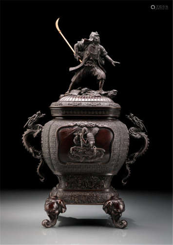 A BRONZE KORO AND COVER, Japan, marked: Miyao and seal: Ei, Meiji period, lobed shape supported by four stands in shape of elephant heads, both sides with dragon-shaped handles, the front decorated with a panel containing an image of Fujiwara no Yasumasa and the back with a spray and a bird, the cover surmounted by a handle in shape of a samurai figure - Minor wear, the halberd later
